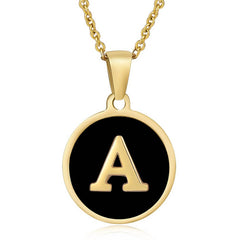 Cwaje1935_Round Stainless Steel Black Shell Letter Necklace