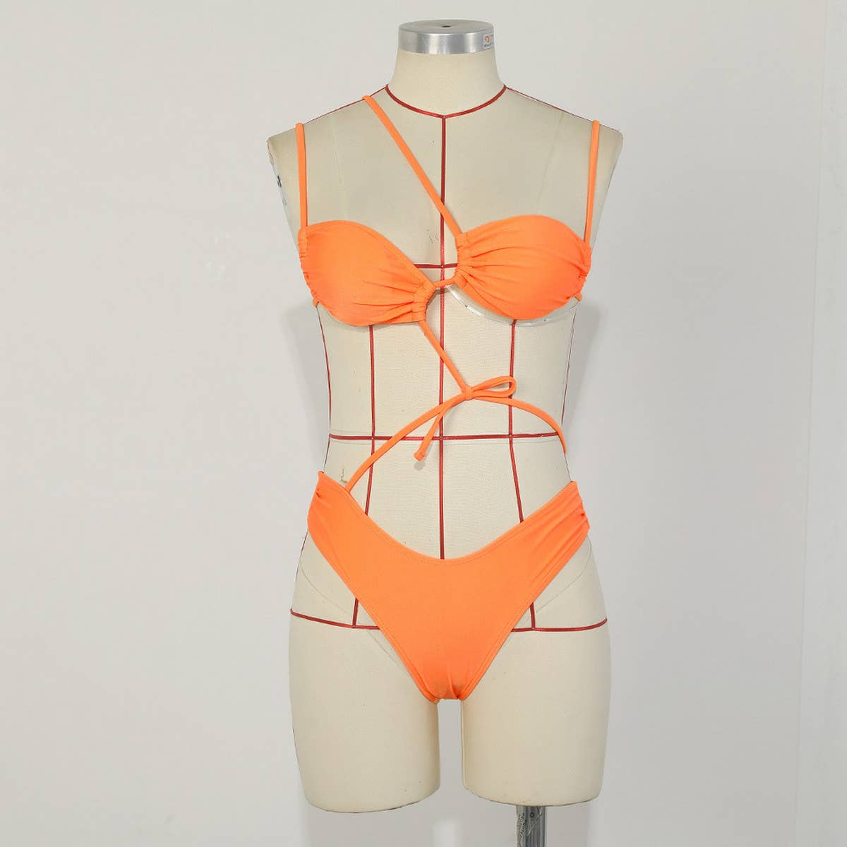 ASYMMETRIC SOLID COLOR STRAPPY BIKINI SWIMSUIT_CWMW0263