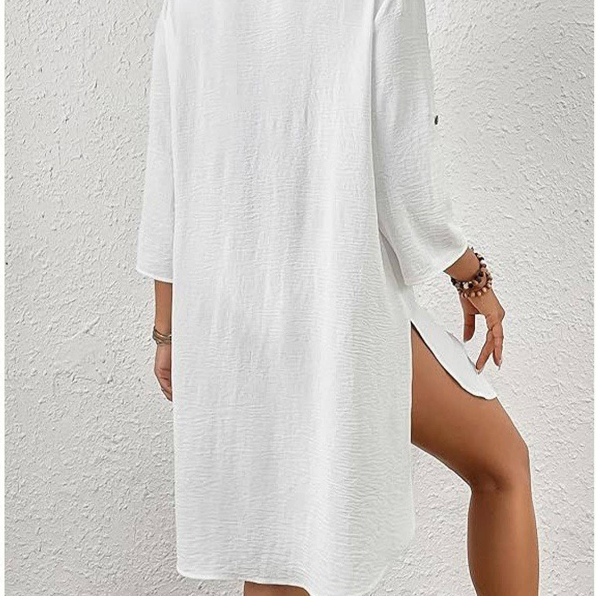 White Lace V-Neck Beach Cover Up Blouse_Cwmm6149