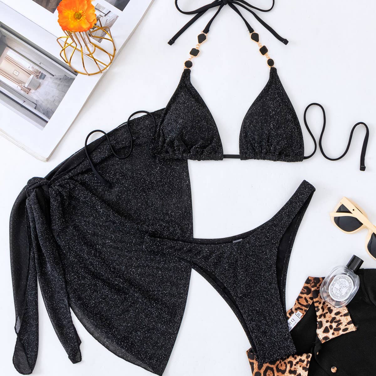 SEXY SPARKLING 3 PIECE BACKLESS BIKINI BEACH SET_CWMW0689