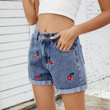 Washed Cherry Embroidered Denim Shorts Hot Pants