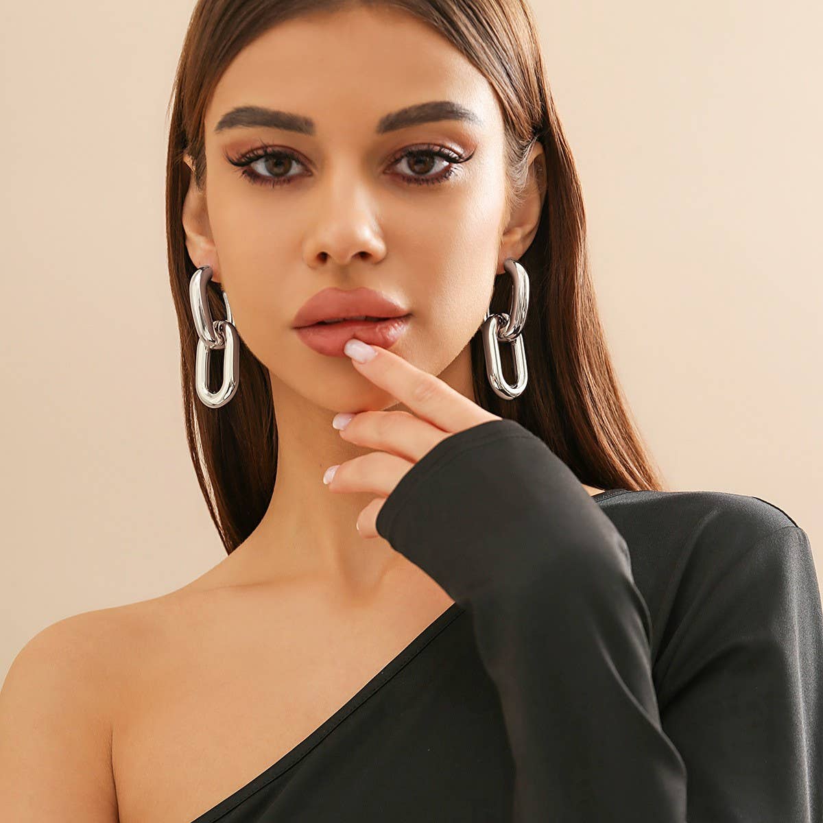 METAL WIND CIRCULAR RING THICK CHAIN EARRINGS_CWAJE1153