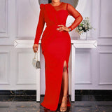 MESH SPLICING SOLID COLOR FASHIONABLE SLIT DRESS_CWDMD3708