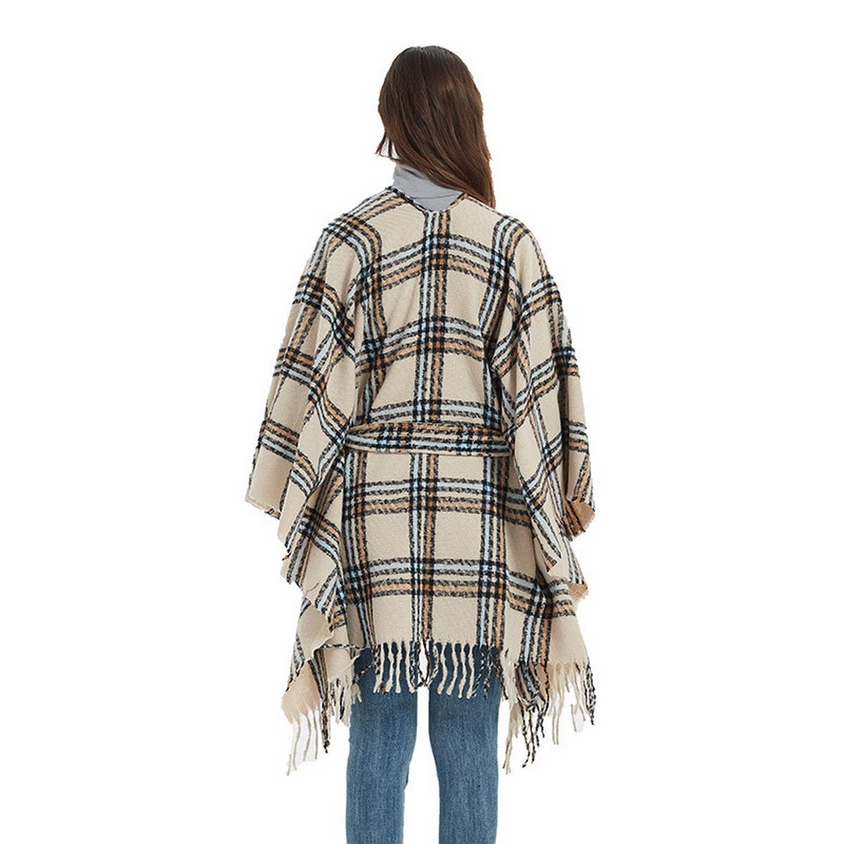 PLAID FRINGED CARDGAN WARM SHAWL CLOAK_CWASC0266