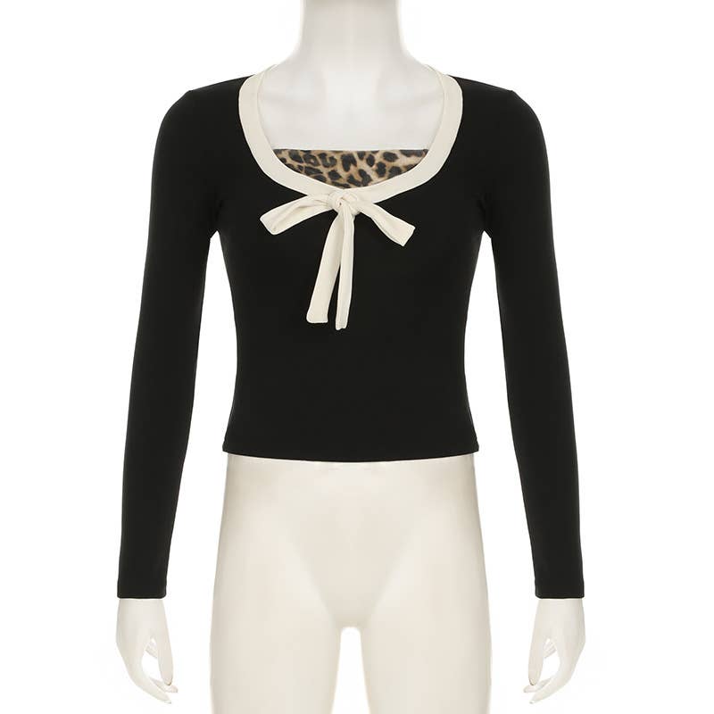 U Neck Leopard Print Bow Patchwork Fake Two Tops