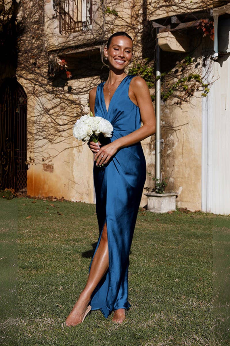 V Neck Sleeveless Sexy Solid Color Hip Wrap Dress_Cwdmd1361