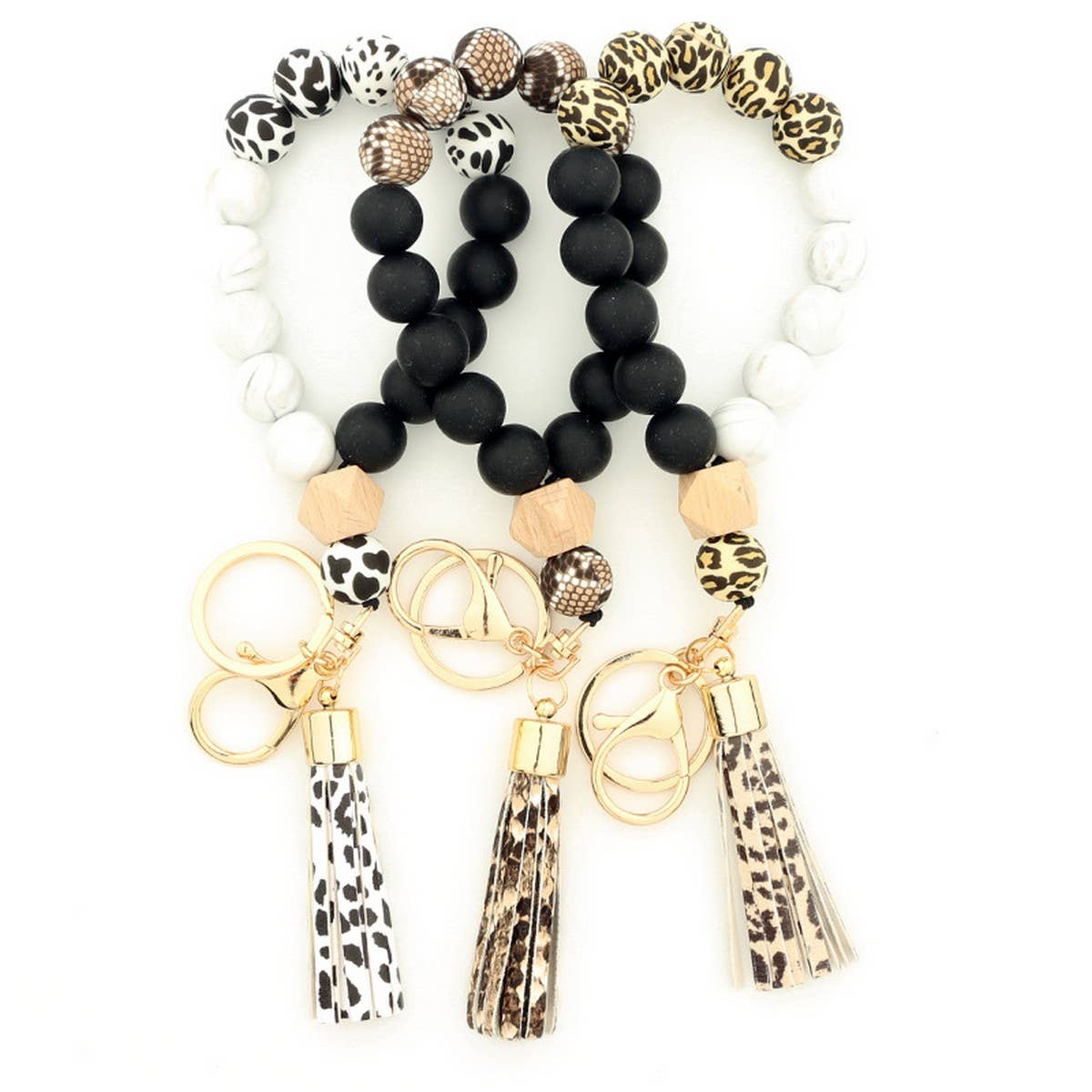 SILICONE WOOD BEAD BRACELET WITH LEATHER KEYCHAIN_CWMM7009
