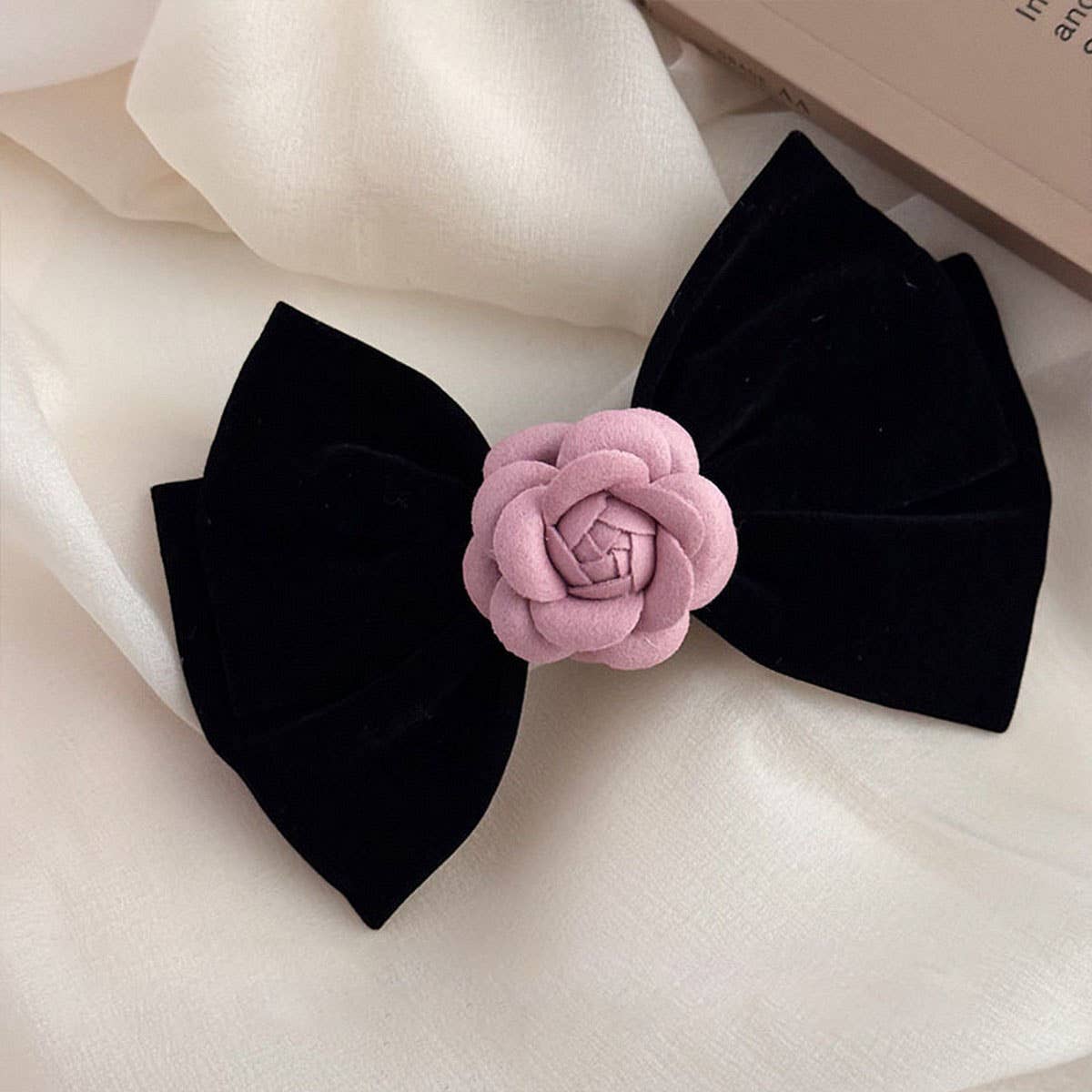 NEW BLACK VELVET PINK CAMELLIA HAIRPIN_CWAHA4658