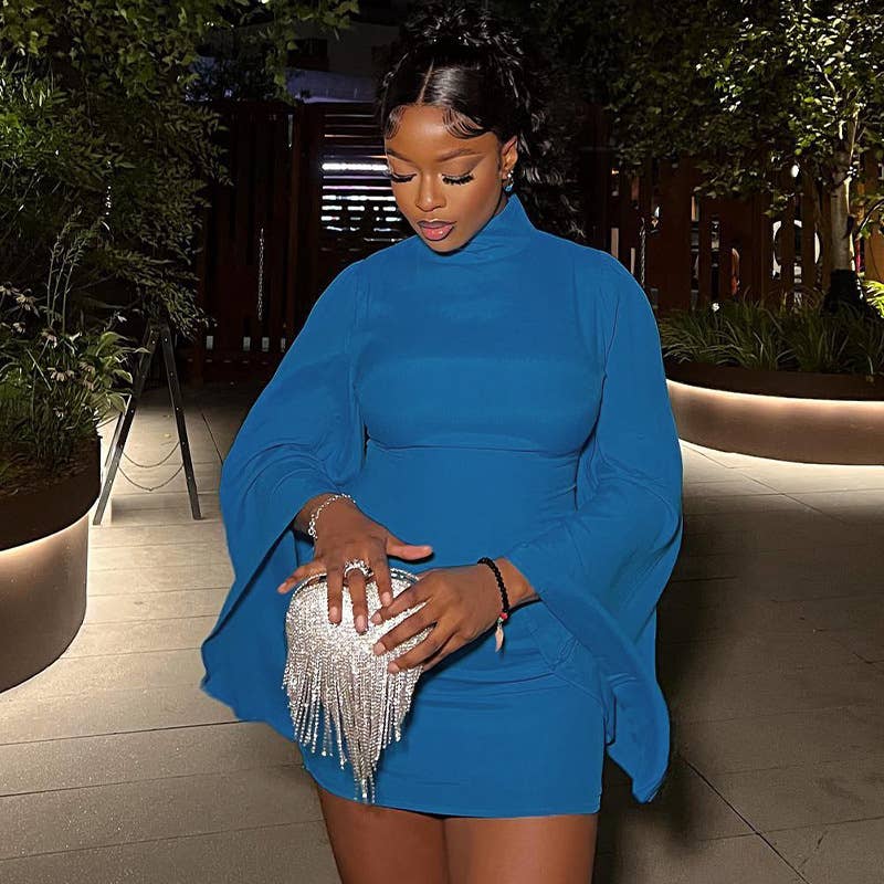 Stylish Turtleneck Solid Color Wrap Hip Dress