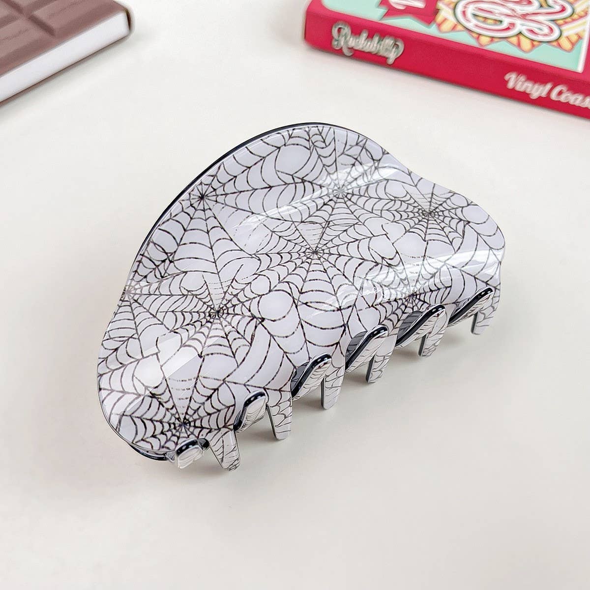 HALF CIRCLE PUMPKIN SPIDER WEB SKULL HAIR CLIP_CWAHA1442