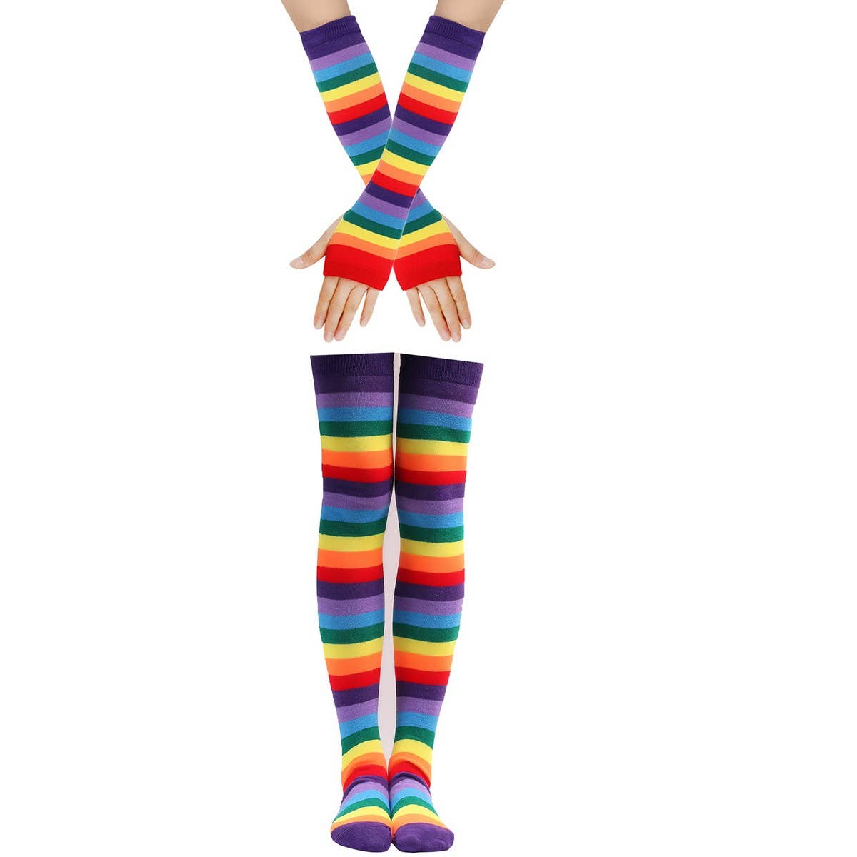 COLORFUL STRIPED KNEE SOCKS AND GLOVES SET_CWMS0309