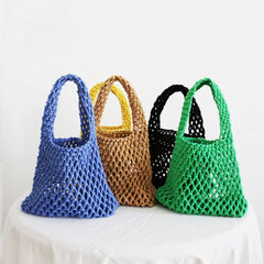 SMALL COTTON ROPE SOLID BEACH BAGS TOTES WITH MESH_CWAB1989