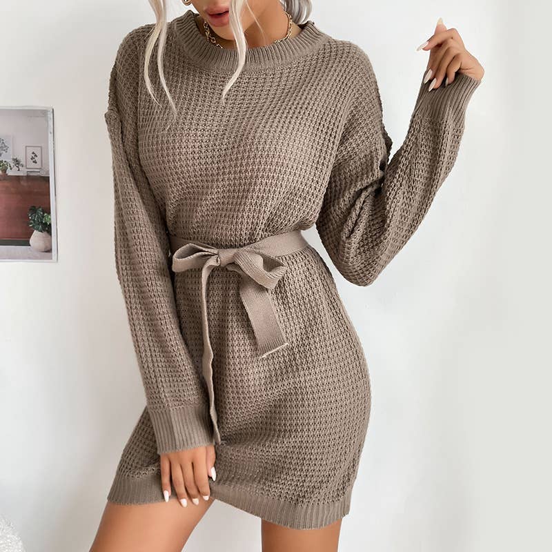 Solid Color Long Sleeve Sweater Dress With Lace-Up