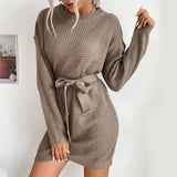 Solid Color Long Sleeve Sweater Dress With Lace-Up