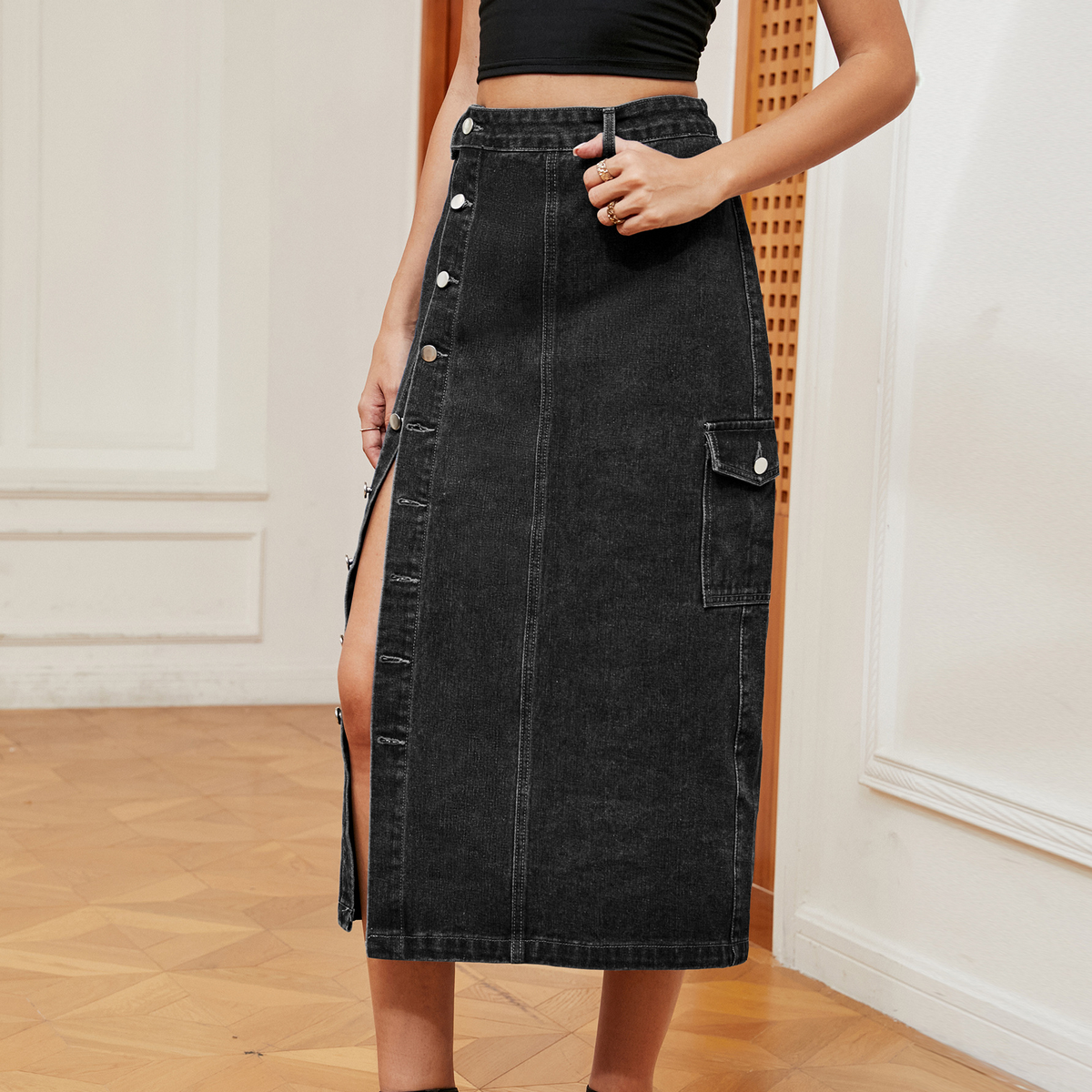 Trendy Denim Cargo Skirt Women Elastic Waist_Cwjsk0195