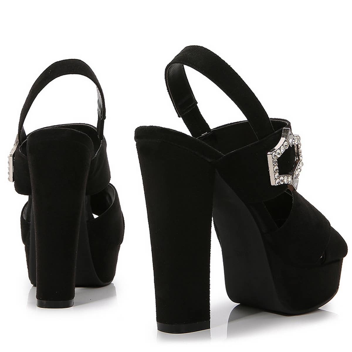 BLACK BUCKLE OPEN TOE CHUNKY HIGH HEELS_CWSHH0131