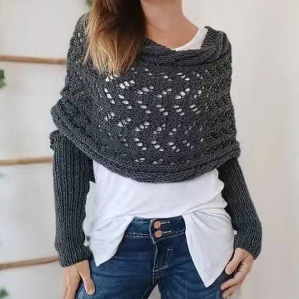 Cwasc1793_Twisted Hollow Long Sleeve Shawl Collar Scarf
