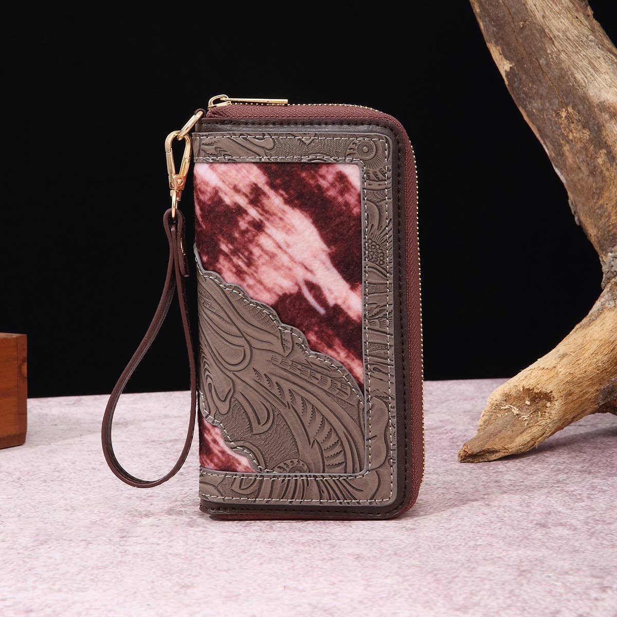 LEATHER CARVED EMBOSSED BOHEMIAN CLUTCH WALLET_CWAB2592