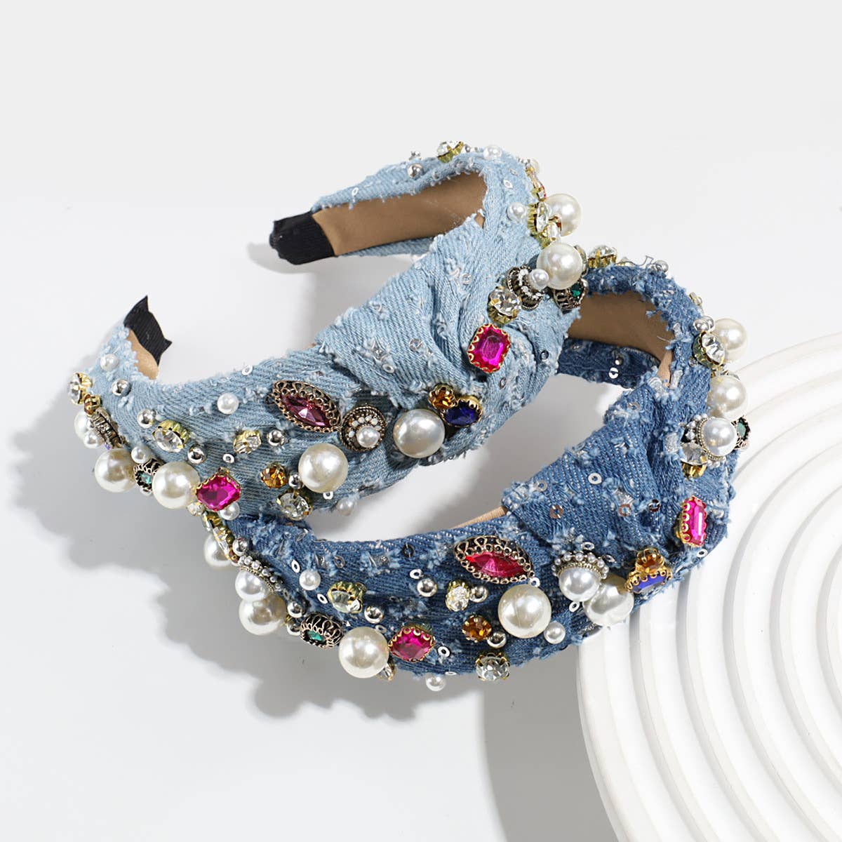 KNOTTED DENIM HEADBAND WITH COLORFUL RHINESTONES_CWAHA2292
