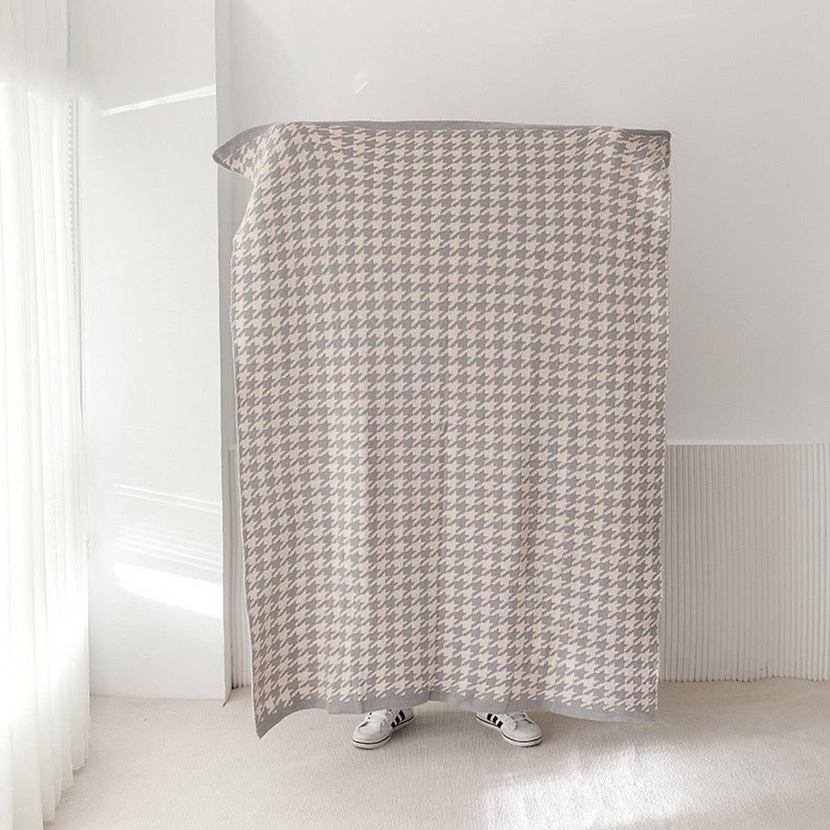Versatile Houndstooth Knitted Wool Throw Blanket_Cwmm2386