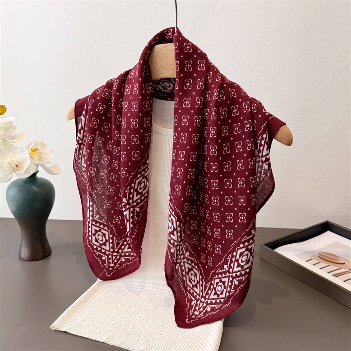 Geometric Herringbone Cotton Linen Square Scarf_Cwasc03433