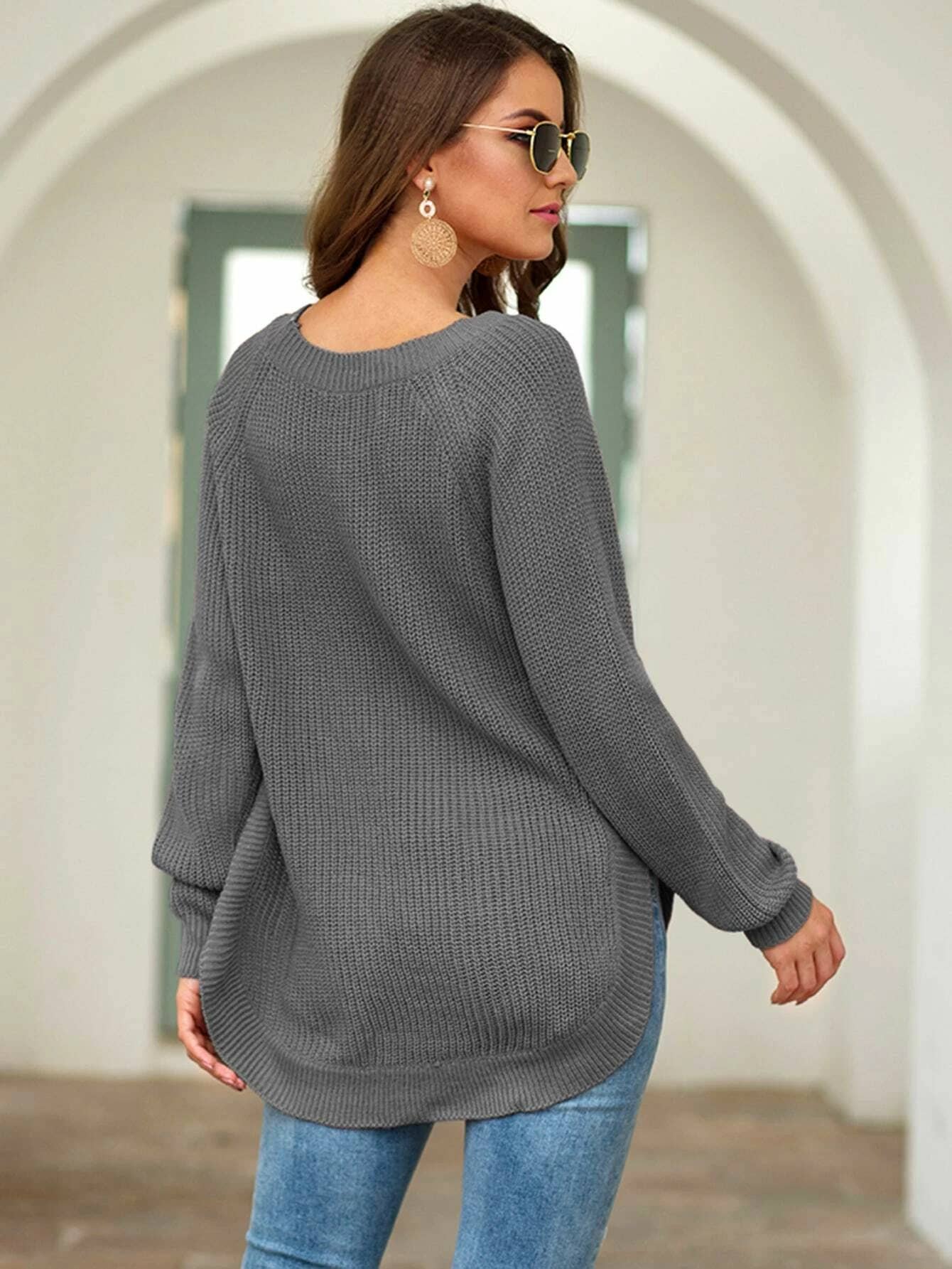 Solid Color Crew Neck Pullover With High Split