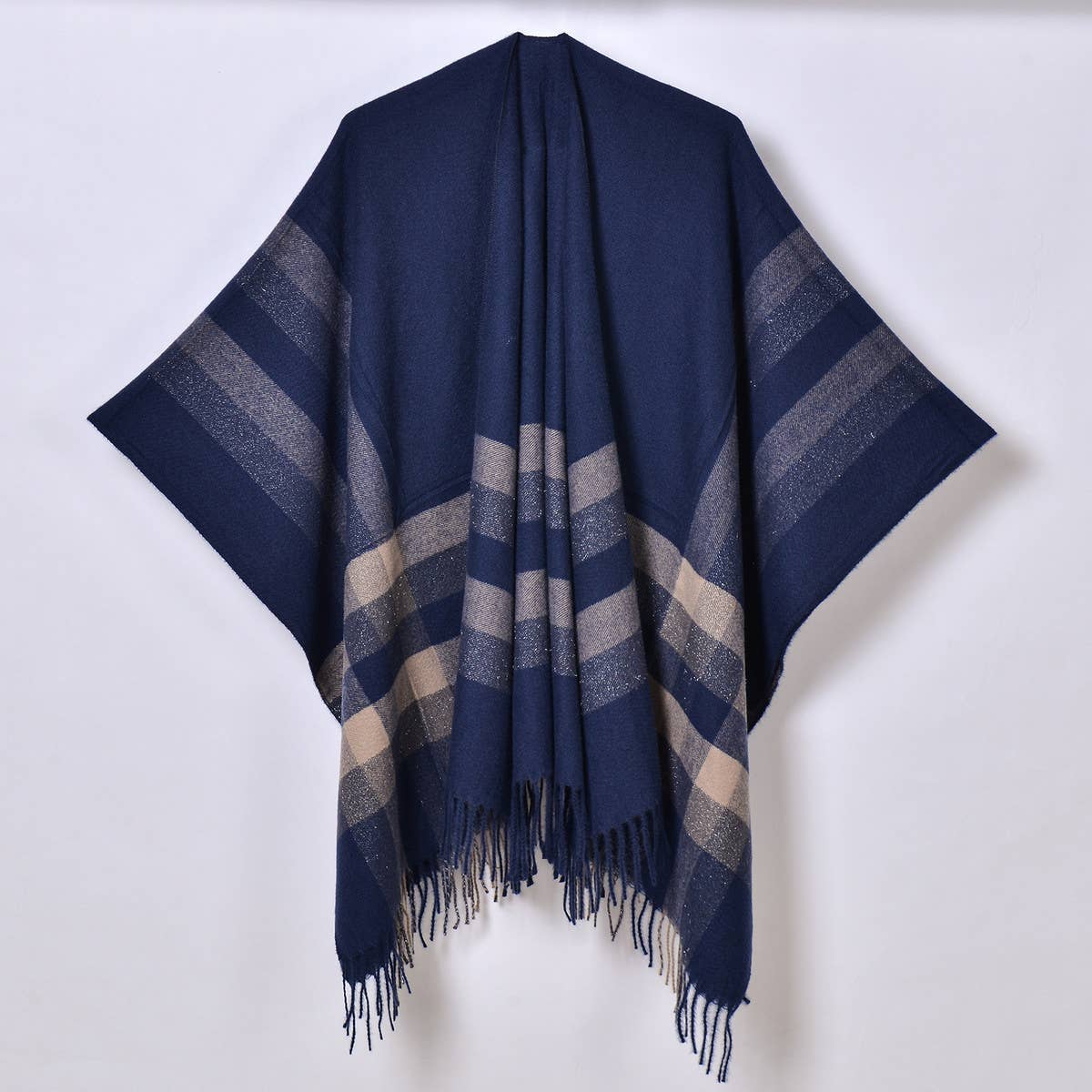 TASSEL TWO TONE STRIPED PLAID CARDIGAN CAPE SHAWL_CWASC0944