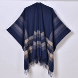 TASSEL TWO TONE STRIPED PLAID CARDIGAN CAPE SHAWL_CWASC0944
