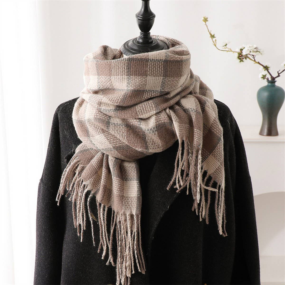 PLAID FAUX CASHMERE SCARF COZY LONG FRINGE WRAP_CWASC1442