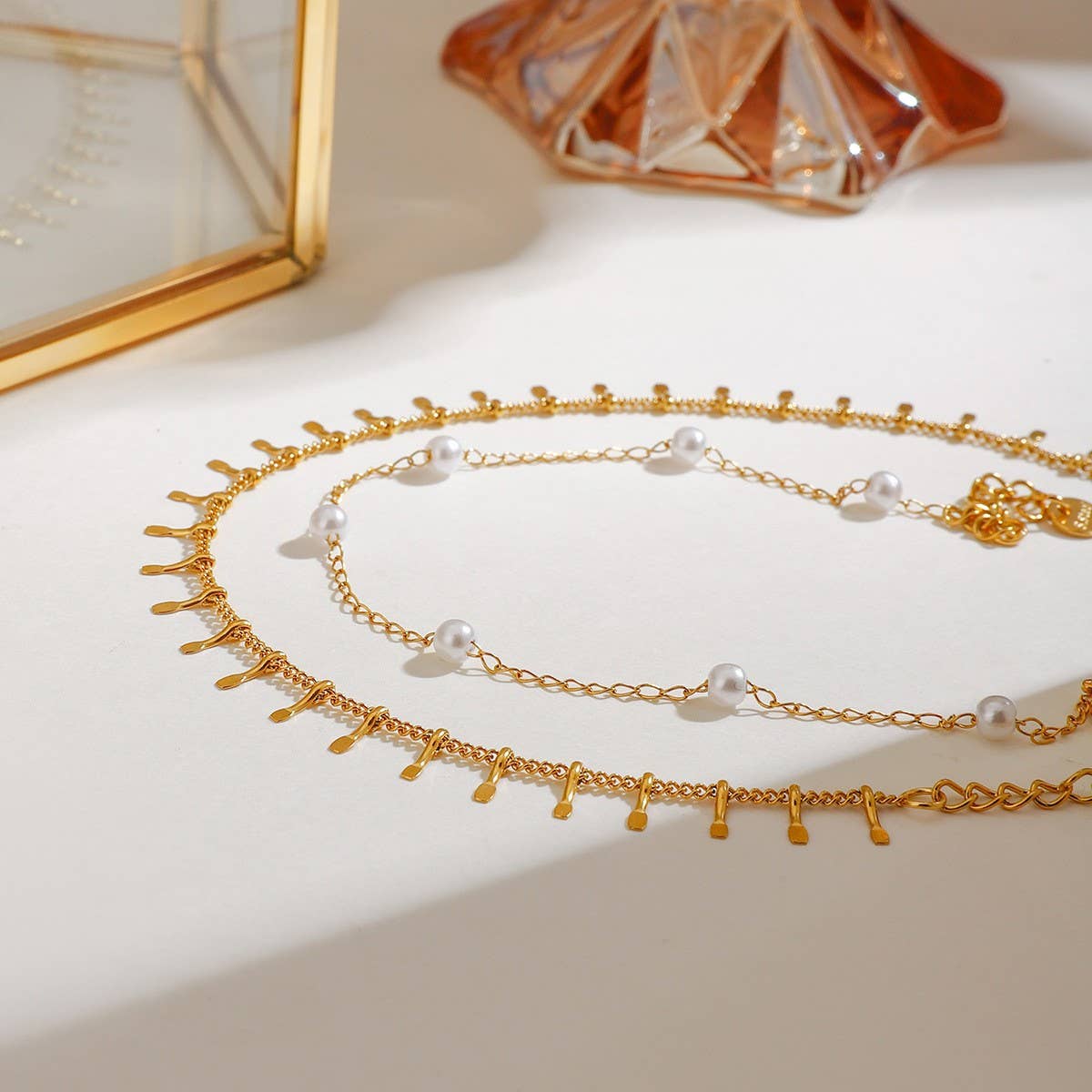 18K GOLD DOUBLE LAYER PEARL ANKLET STAINLESS_CWAJE4700