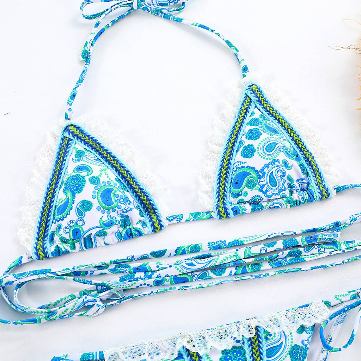 BLUE PATCHWORK LACE STRAP PRINTED SWIMSUIT_CWMW0250