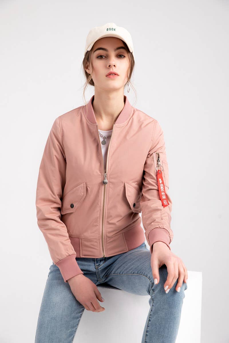 Solid Color Zipper Bomber Jacket