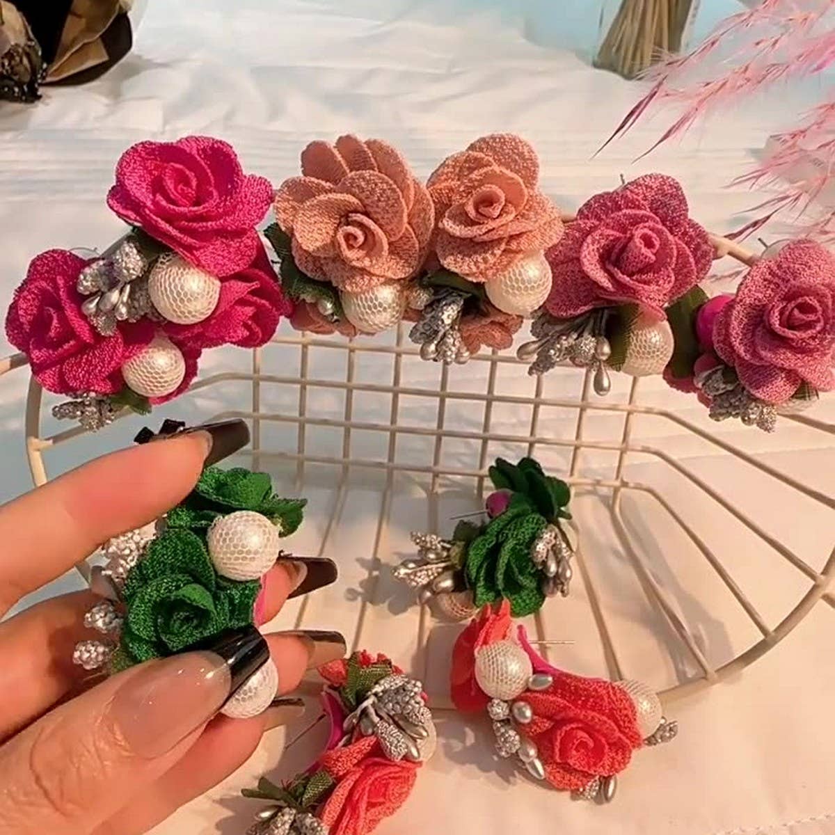 PEARL FABRIC FLOWER STUD EARRINGS UNIQUE DESIGN_CWMM6256