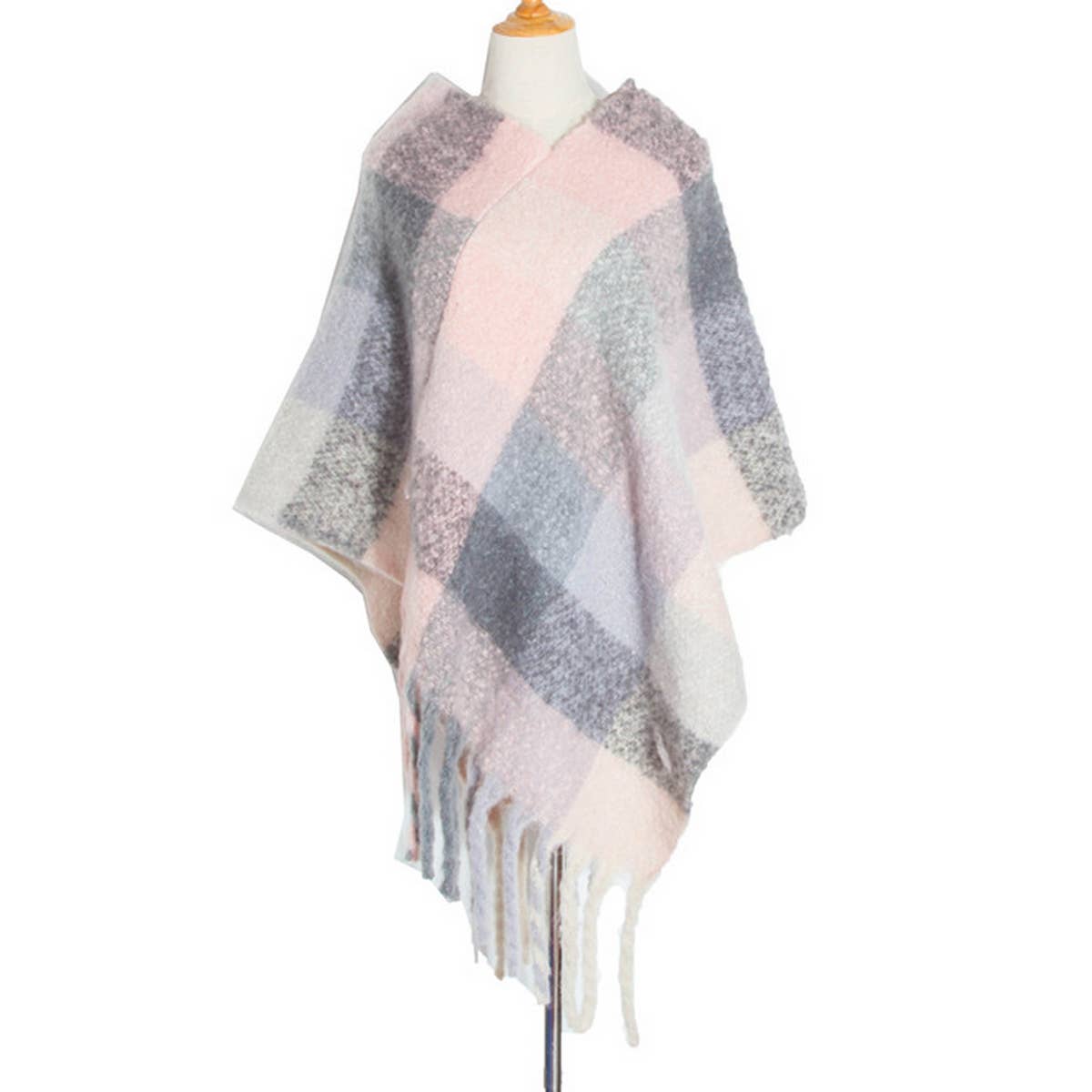 BOUCLE YARN THICK TASSEL COLORFUL PLAID SHAWL_CWASC1208