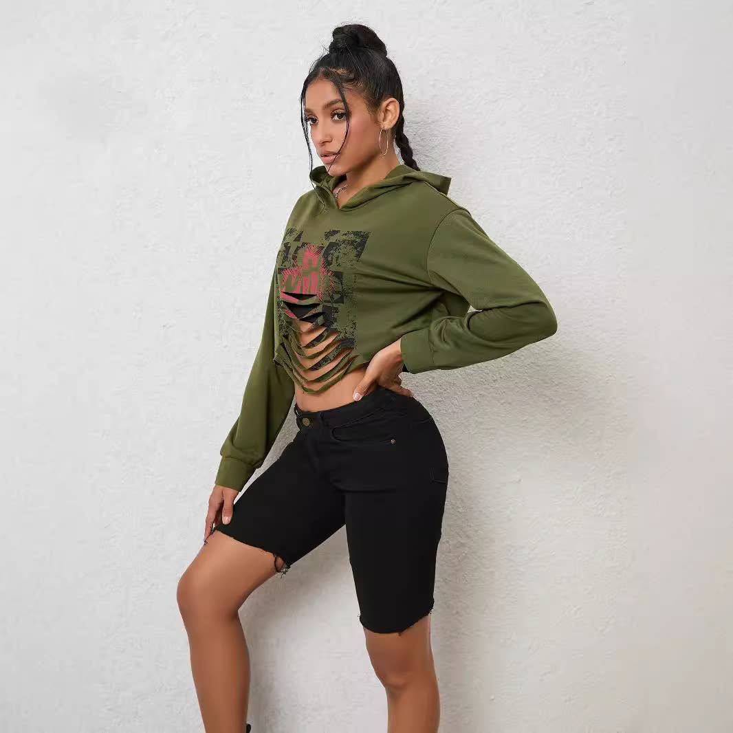 Solid Color Crop Hoodie Streetwear With Sleeves