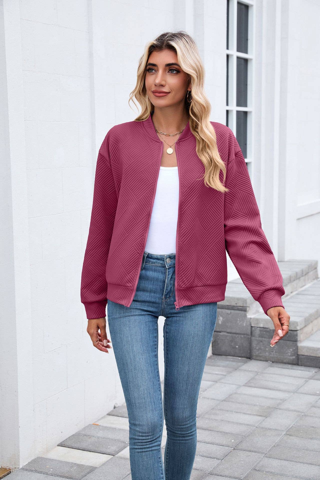 Solid-Color Round-Neck Zipper Loose Jacket