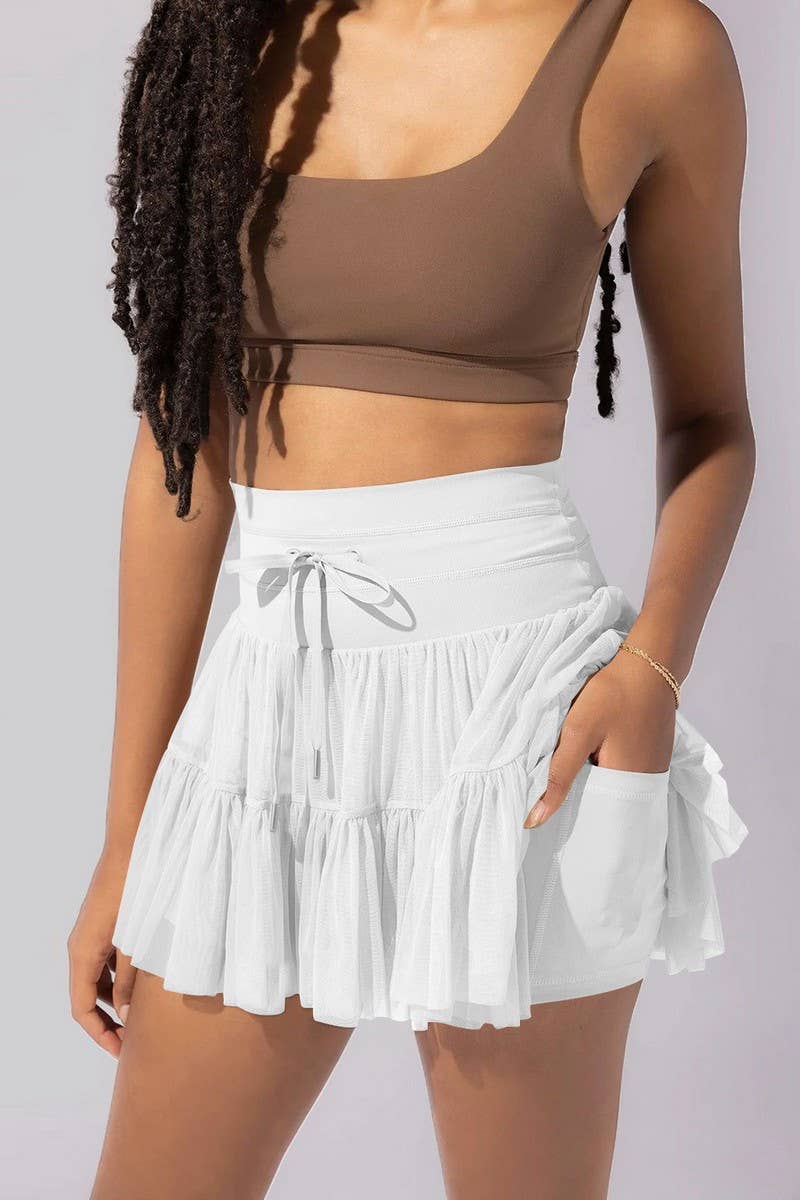 Womens High Waist Lace-Up Pleated Skirt