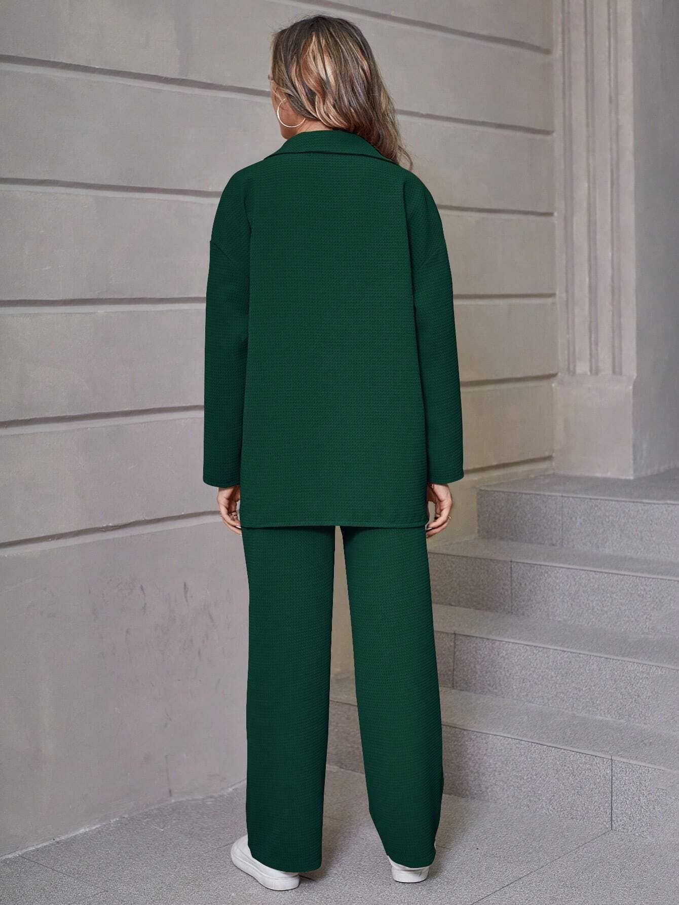 Waffle Cardigan And Trousers Casual Suit