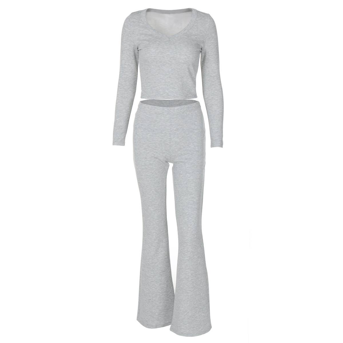 Solid-Color Long-Sleeved Flared Trousers Set