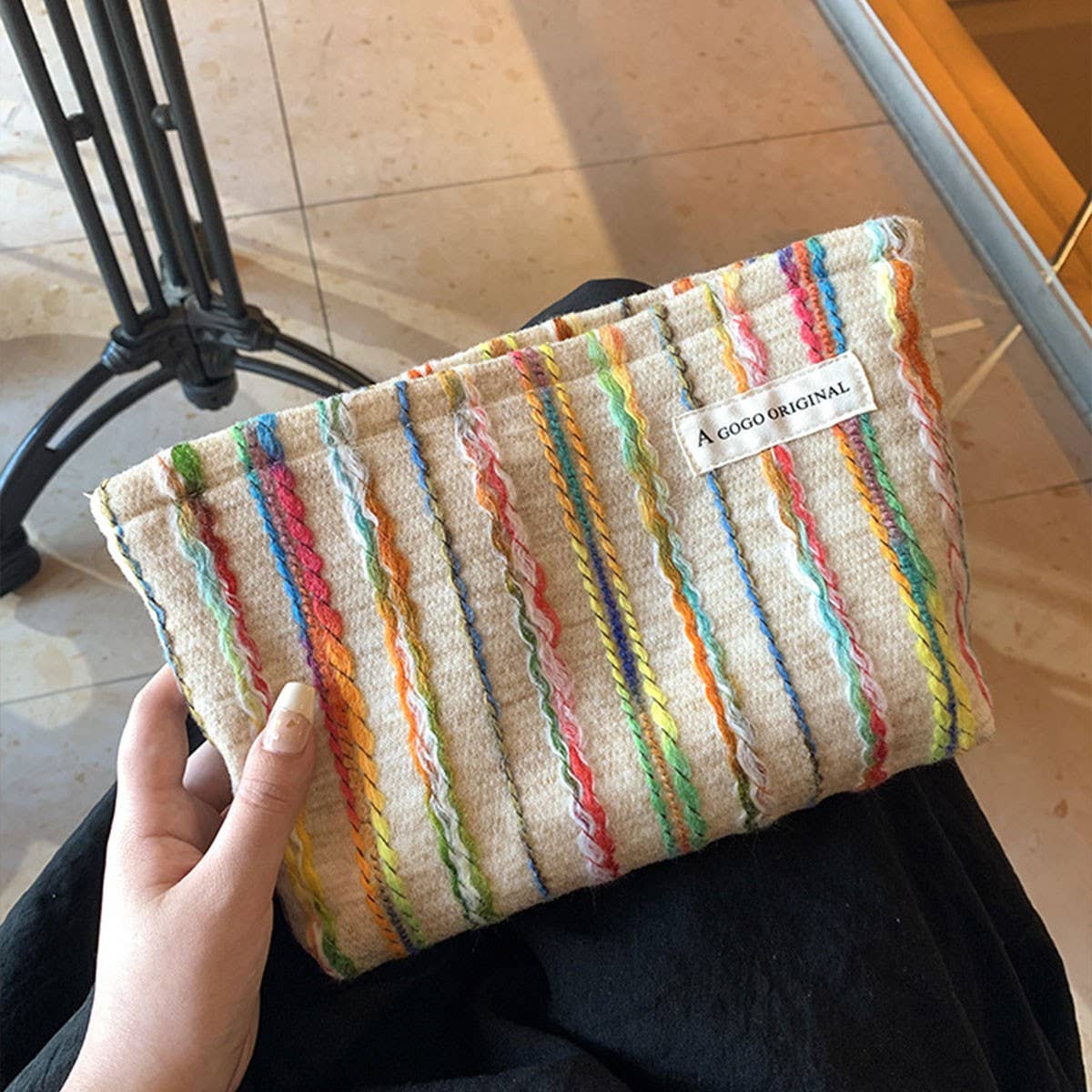 Wool Striped Makeup Bag Large Travel Wash Pouch_Cuab00718