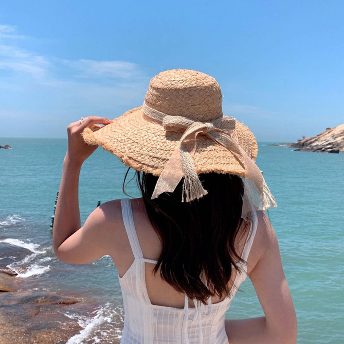 TASSEL EDGE WOVEN FEDORA HATS STRAW WITH BOW TIE_CWAH1154