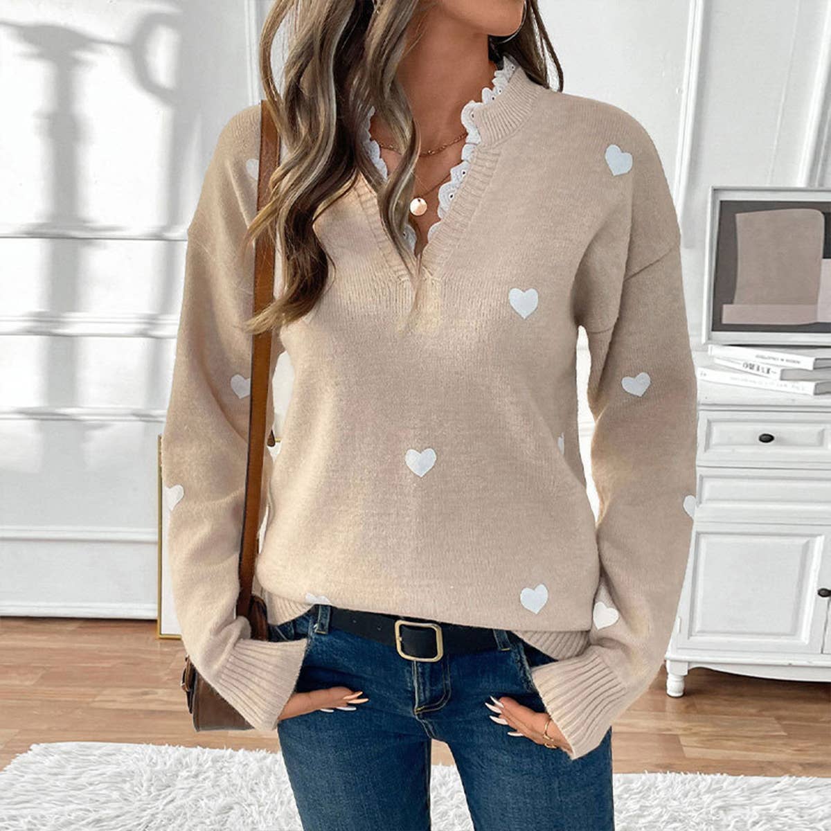 Valentines Day Lace V-Neck Love Jacquard Pullover Sweater
