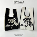 Black And White Rose Knitted Shoulder Tote Bag_Cwab1518