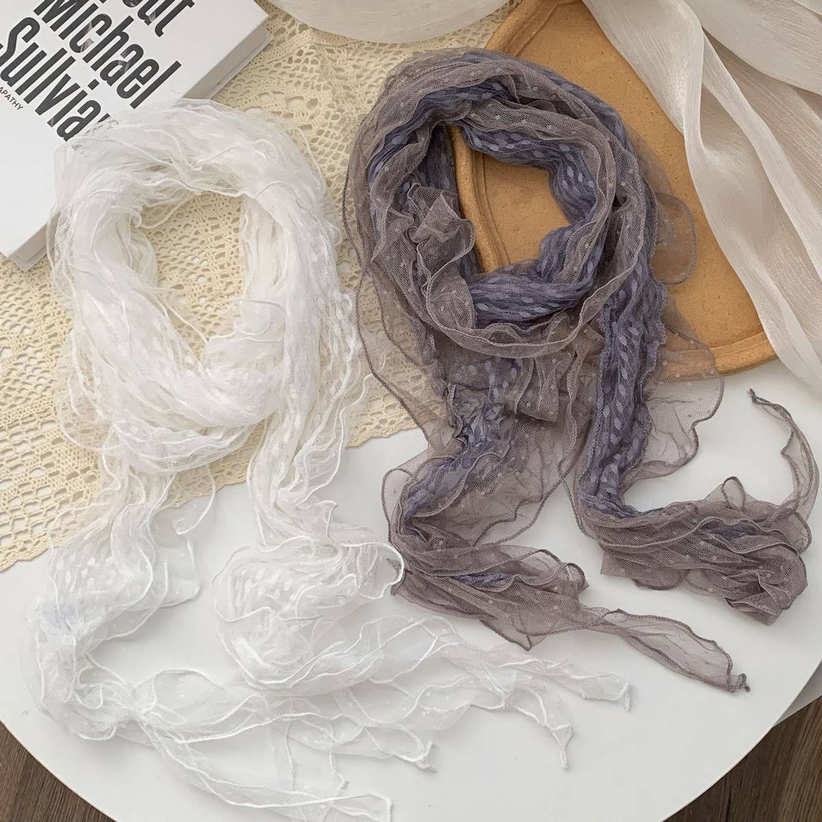 Trendy Sheer Polka Dot Scarf Neck Shawl_Cwasc02985