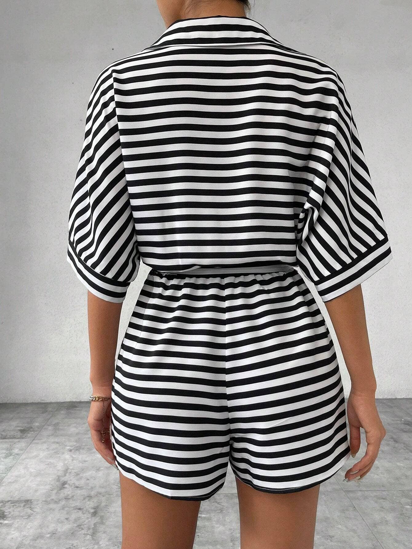 Striped Lapel Belted Shorts Short Sleeved Onesie