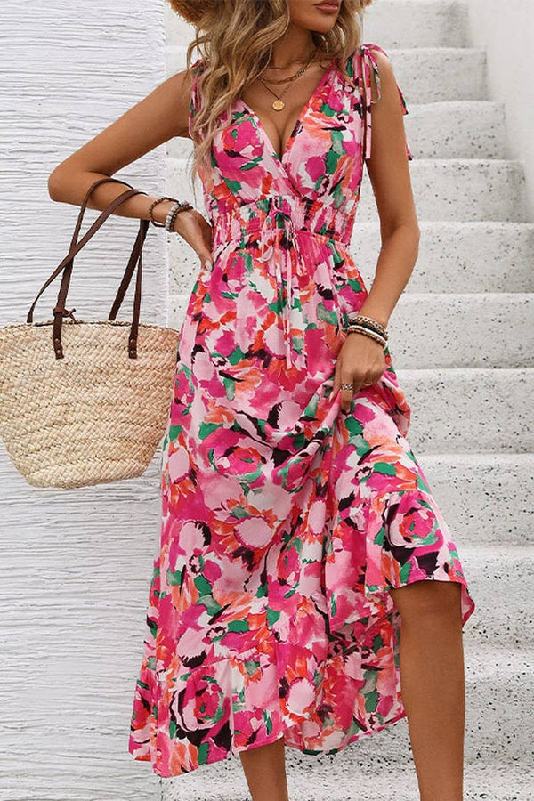 CWDMD2383_V-NECK SLEEVELESS CORSETED PRINTED DRESS