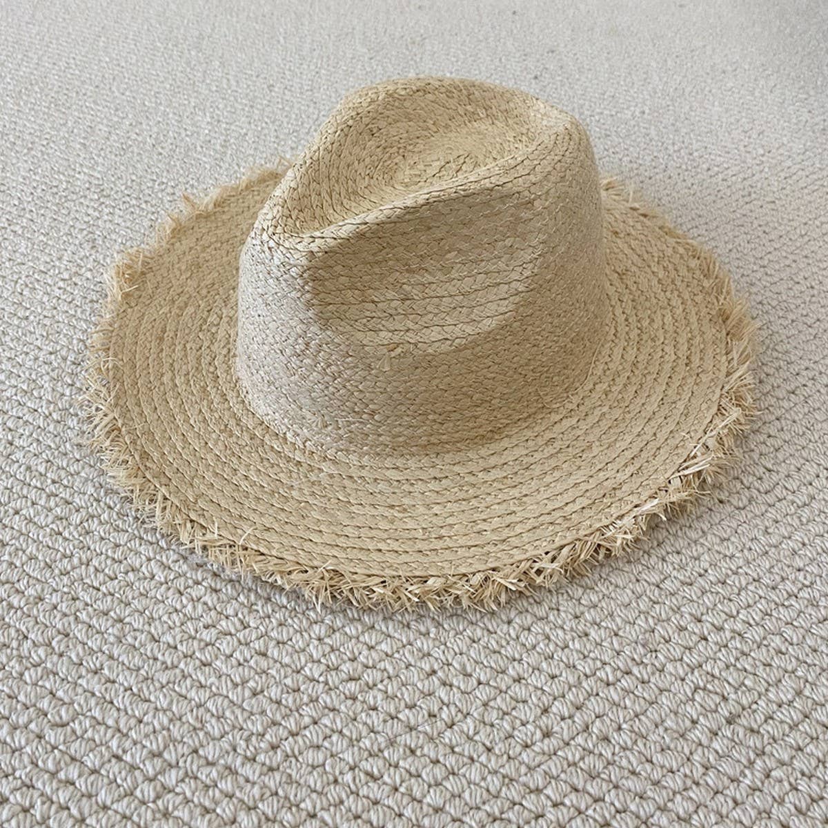 SUMMER LARGE BRIM FUR EDGED STRAW HAT_CWAH3470