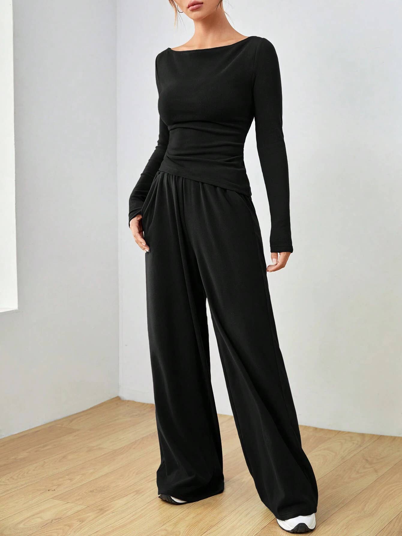 Solid-Color Long-Sleeved Wide-Leg Long Pants Set