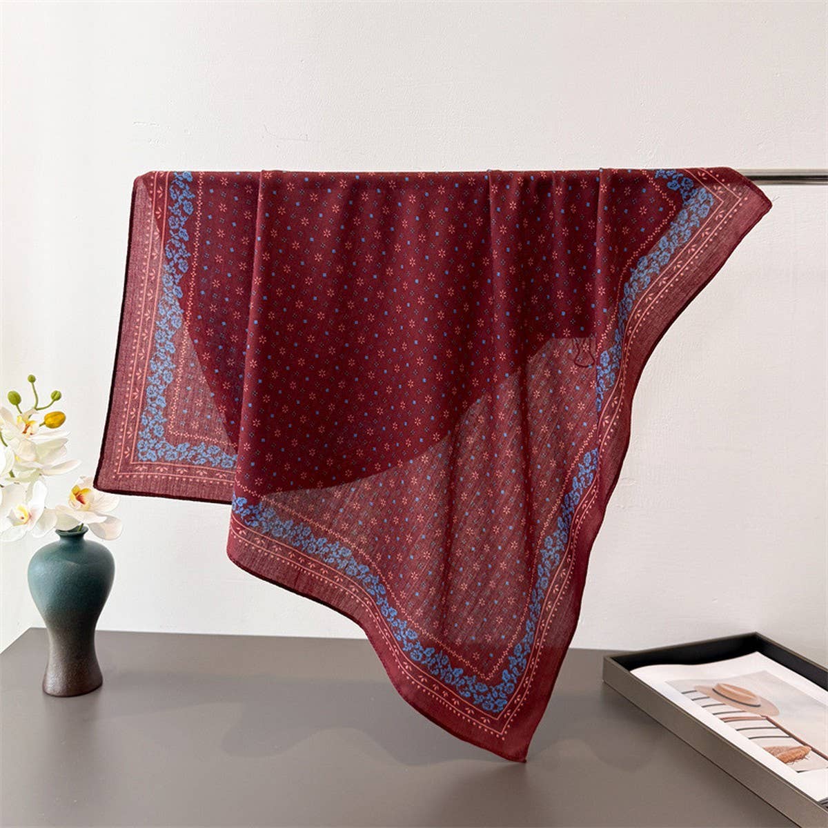 Retro Floral Herringbone Cotton Linen Square Scarf_Cwasc0343