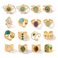 GOLD STAINLESS STEEL INLAID NATURAL STONE RINGS_CWAJE0611